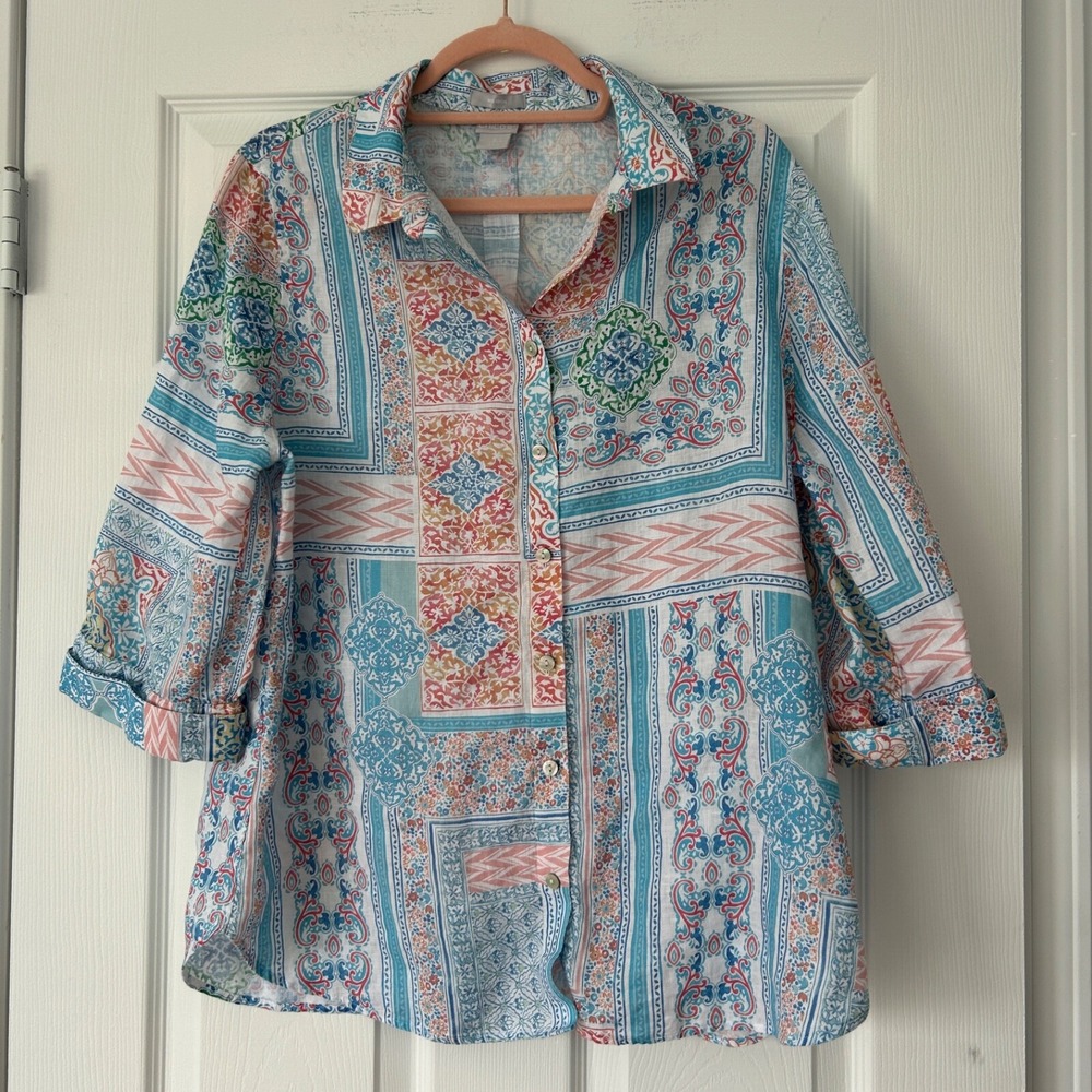 Chico's size 12 No Iron 100% Linen 3/4 Sleeve Button Up Blouse Coastal, Beachy